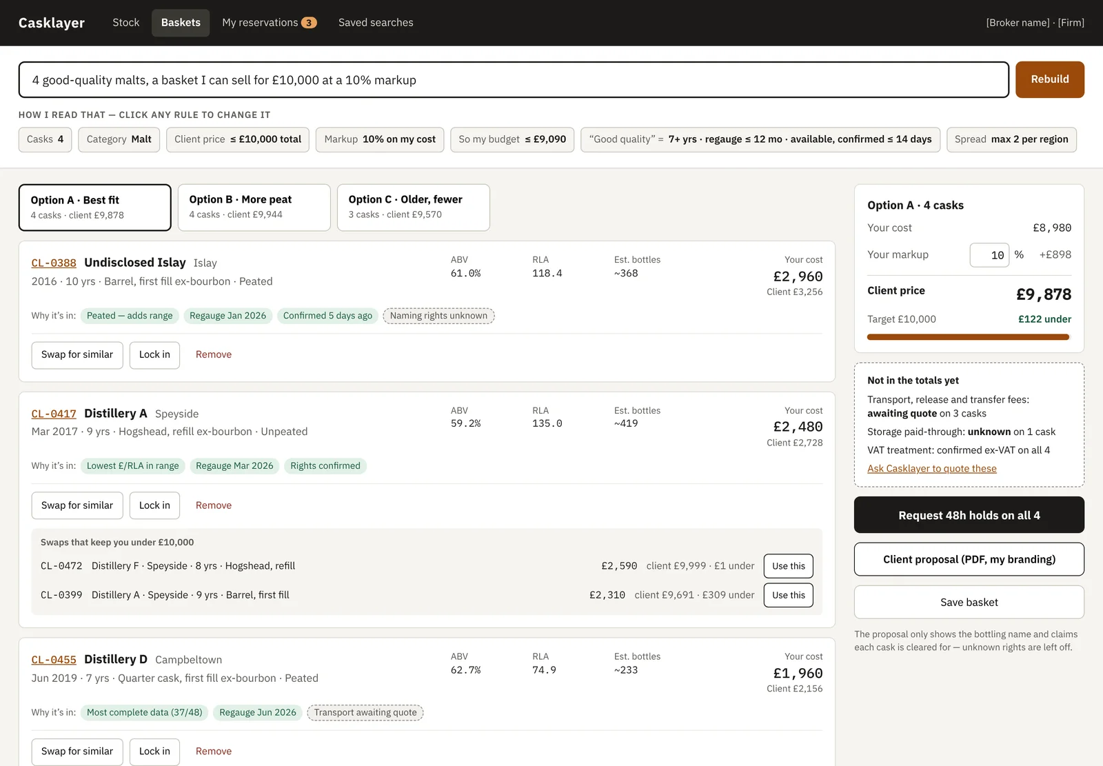Basket builder with a private markup calculator