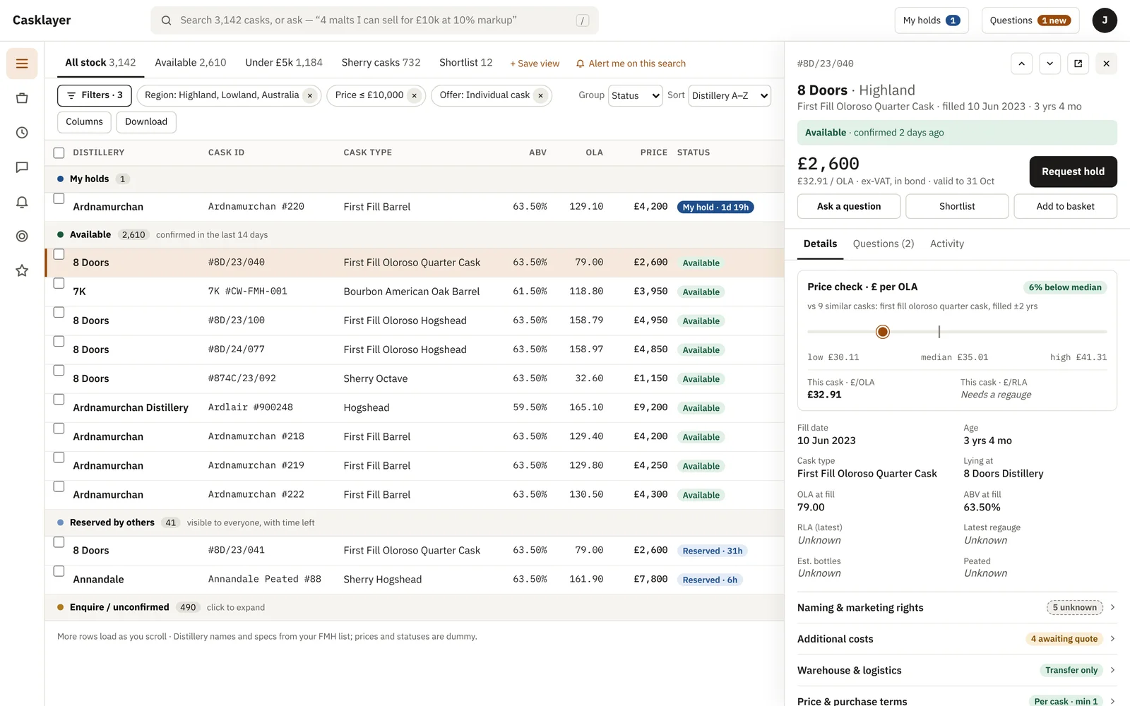 Stock list with the cask drawer open